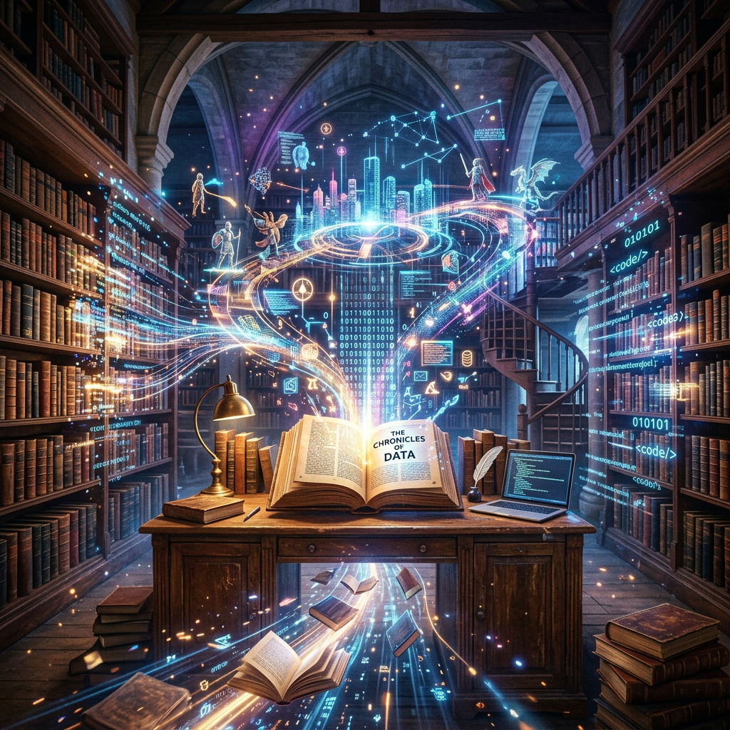 Ancient library with open book emitting holographic data and technology symbols