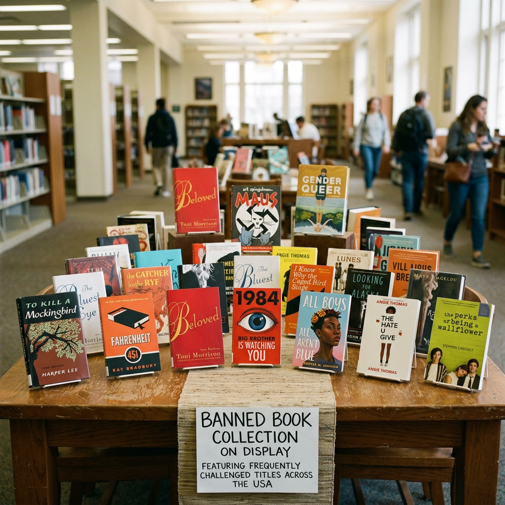Books from a banned book collection displayed on a wooden table in a library