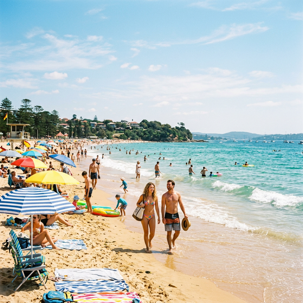 Crowded beach with colorful umbrellas, people walking and swimming in the ocean
