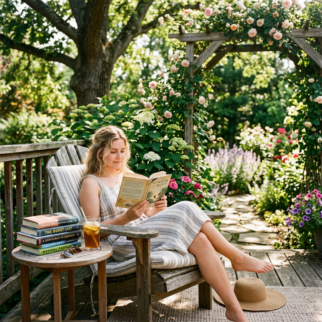 Woman reading book in wooden chair surrounded by blooming garden
